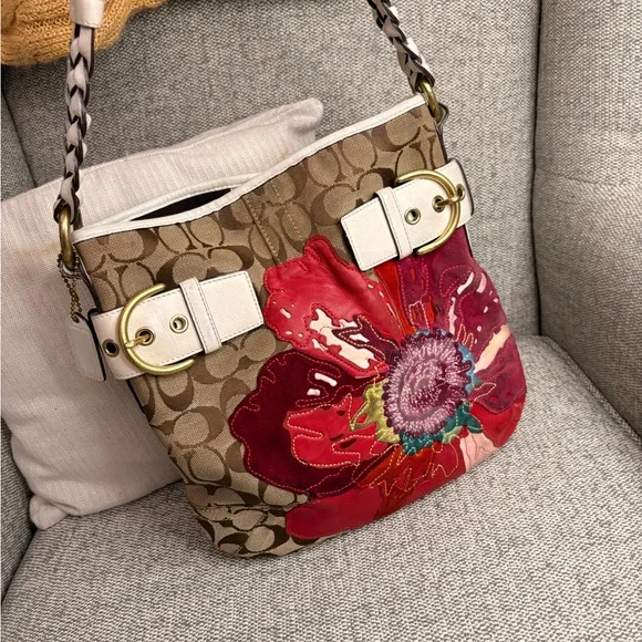 Coach Tan and Red Floral Shoulder Bag - Picture 6 of 8